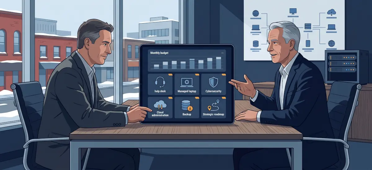 Business owner and managed IT advisor reviewing a monthly technology services budget