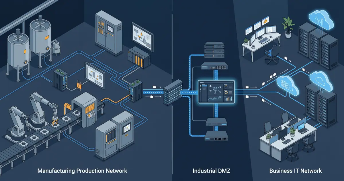 Segmented industrial OT network separated from a business IT network